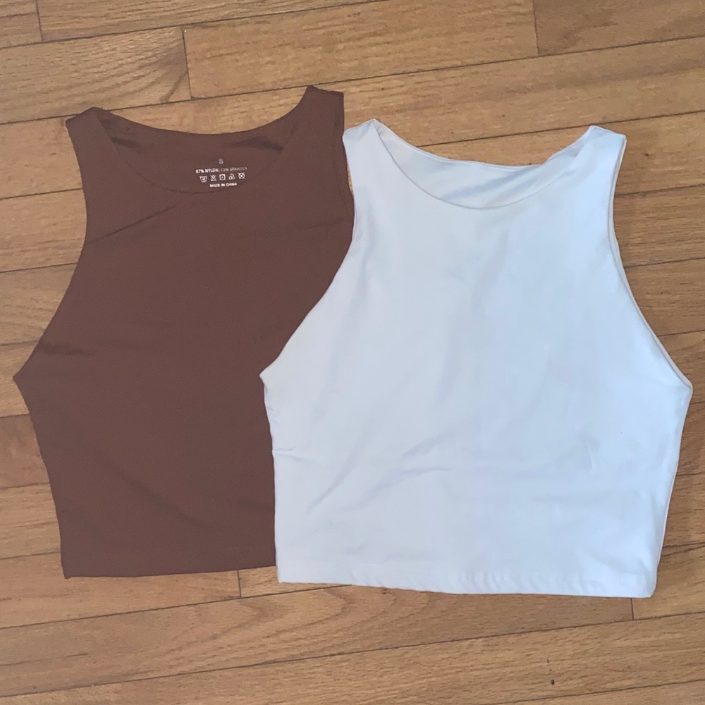 Women's Brown and White Sleeveless Crop Tops